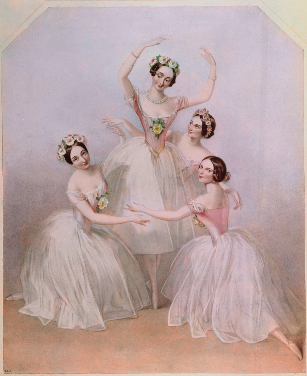"Pas de Quatre": Carlotta Grisi (1819-99) Marie Taglioni (1804-84), Lucile Grahn (1819-1907) ja Fanny Cerrito (1817-1909) tekijältä Alfred Edward Chalon