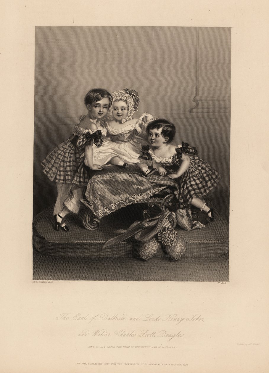 Earl of Dalkeith (William Henry), Henry John ja Walter Charles Scott Douglas, Buccleuchin 5. herttuan poika, 7. Queensberryn herttua. Kaksi poikaa pukeutuu tartaanimekkoihin, joissa on nauhoja, nuorin konepellissä ja satiinimekossa. Teräskaiverrus H. Cook  tekijältä Alfred Edward (after) Chalon