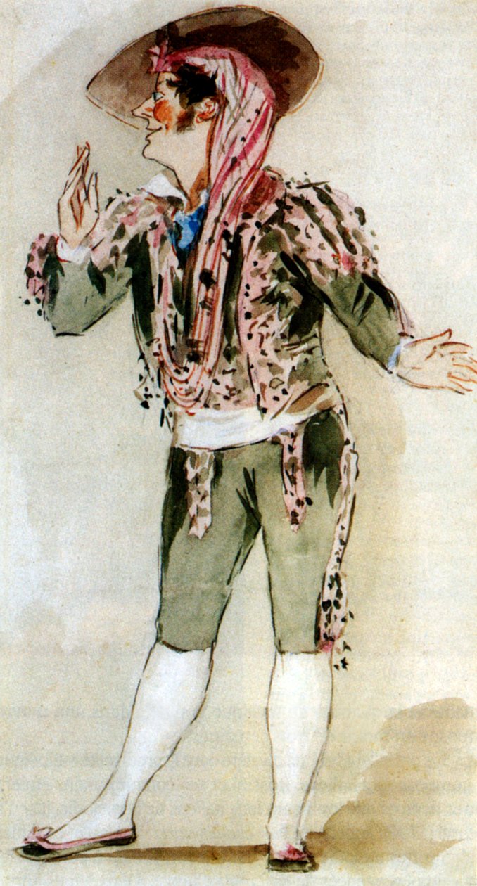 Carlo Zucchelli (1793-1879) italialainen basso, Figaro Gioacchino Rossinin oopperassa "Sevillan parturi", vesivärikuva tekijältä Alfred Edward Chalon