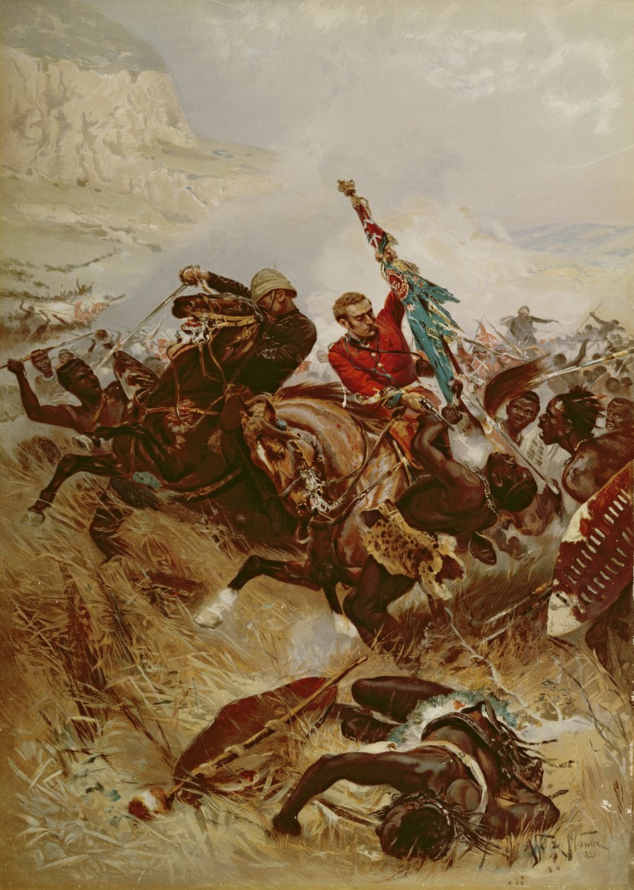 Luutnantit Nelville ja Coghill pelastaa värit, 1881 (oleografi) tekijältä Alfred A.B. de Neauville