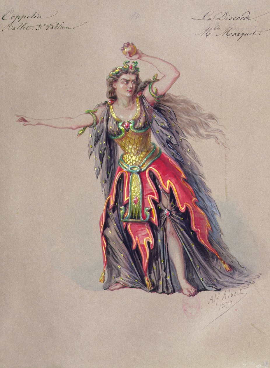 Leo Delibesin (1836-91) pukusuunnittelu eripuraa varten Coppelia-baletissa tekijältä Alfred Albert