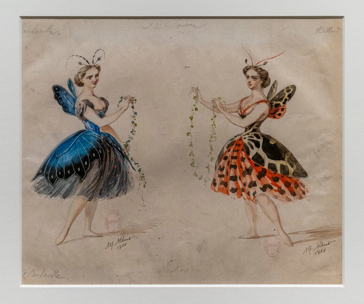 Lähde. Baletti Ludwig Minkus ja Leo Delibes. Pukumalli.1866. Kynä ja akvarelli paperille. tekijältä Alfred Albert