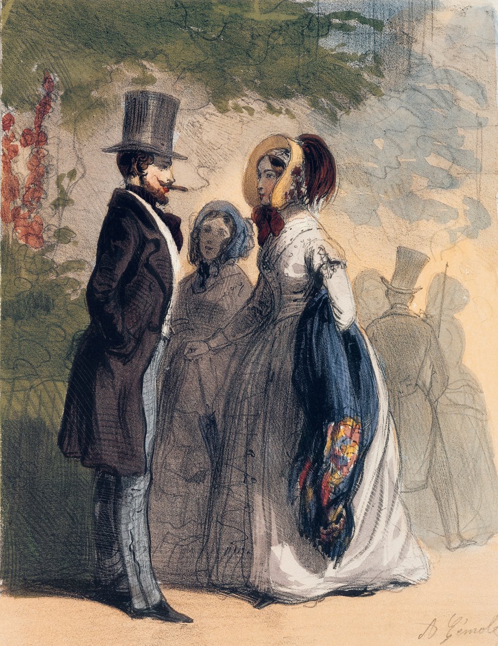 Säännöllinen vierailija Ranelagh Gardensissa, Les Femmes de Parisista, 1841-42 (värilitho) tekijältä Alfred Andre Geniole