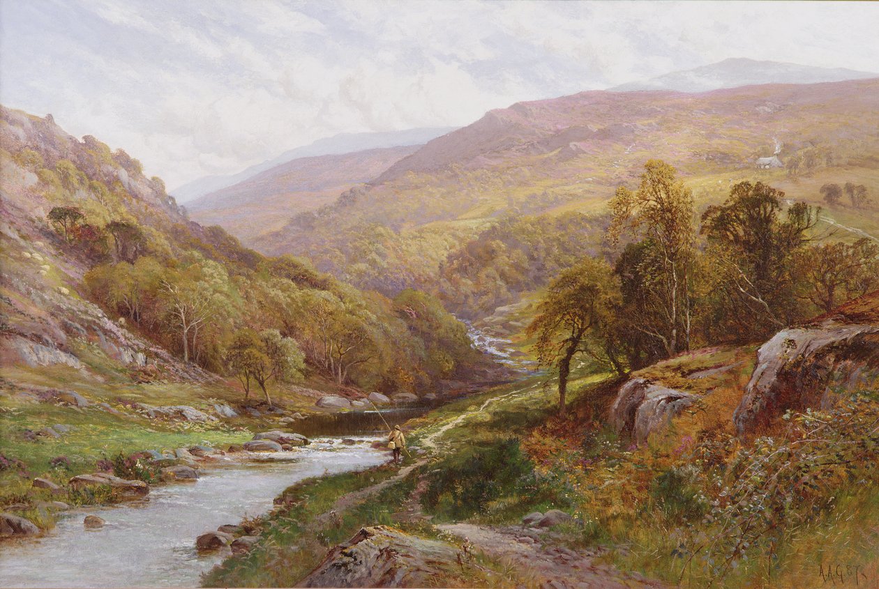Kalastaja Highland Streamin varrella tekijältä Alfred Augustus Glendening