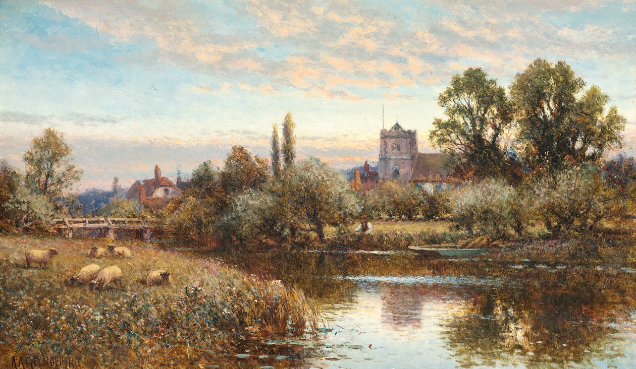 Lampaat laiduntavat Wrothamin kirkon edessä, hämärä tekijältä Alfred Augustus Glendening