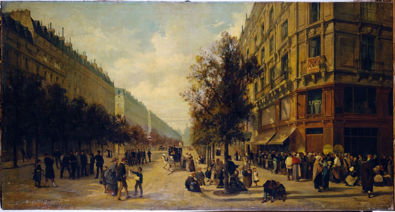 Häntä ruokakaupan ovella (rue Réaumurin ja boulevard Sébastopolin kulma) marraskuussa 1870, 1871 (öljy kankaalle). tekijältä Alfred /Brunner Lacoste Emile (1838 81) Decaen