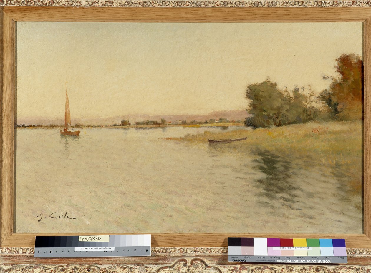 Vene ja purjevene järven rannalla Alfred Casilen maalaus (1848-1909) 1900-luku Pakollinen maininta: Kokoelman säätiö terveisin de Provence, Marseille tekijältä Alfred Casile