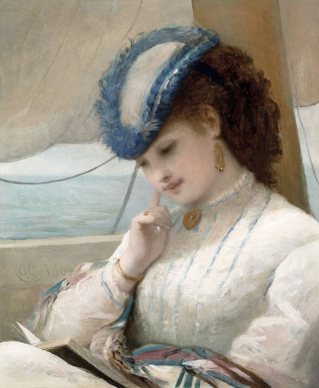 Tyttö lukee purjeveneessä tekijältä Alfred Chantrey Corbould