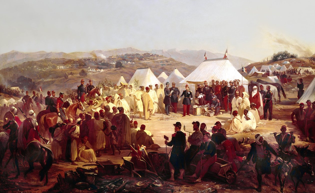 Algerian valloitus: Kabyliasta peräisin olevan Beni Raten -heimon antautuminen ranskalaiselle marsalkka Randonille (1795-1871) vuonna 1854 tekijältä Alfred Charles Ferdinand Decaen