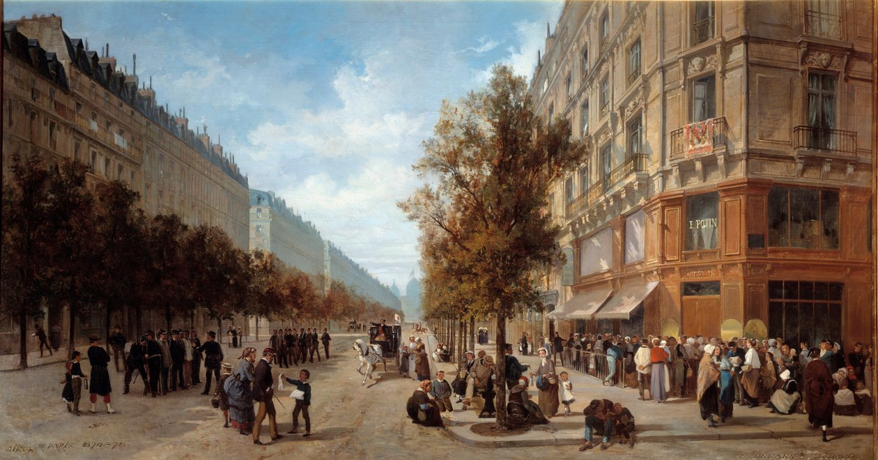 Pariisin pääkonttori: "" Jono ruokakaupan ovella (Felix Potin) Rue Reaumurin ja Boulevard Sebastopolin kulmassa marraskuussa 1870"" Alfred Decaenin (1820-1893) maalaus 1870 Dim. 1x0,7 m Pariisi, Musee Carnavalet tekijältä Alfred Charles Ferdinand Decaen