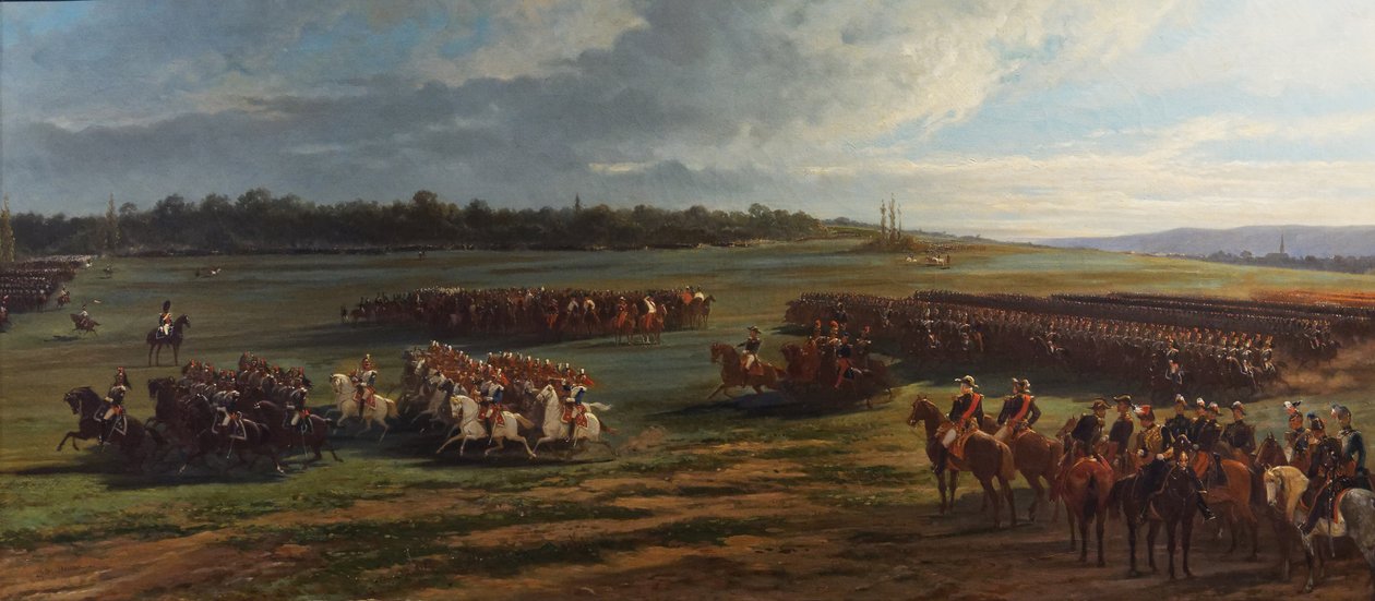 Itävallan Napoleon III:n ja Francois Joseph I:n katsaus Longchamp-kaartin ratsuväkidivisioonaan, 25. lokakuuta 1867 tekijältä Alfred Charles Ferdinand Decaen