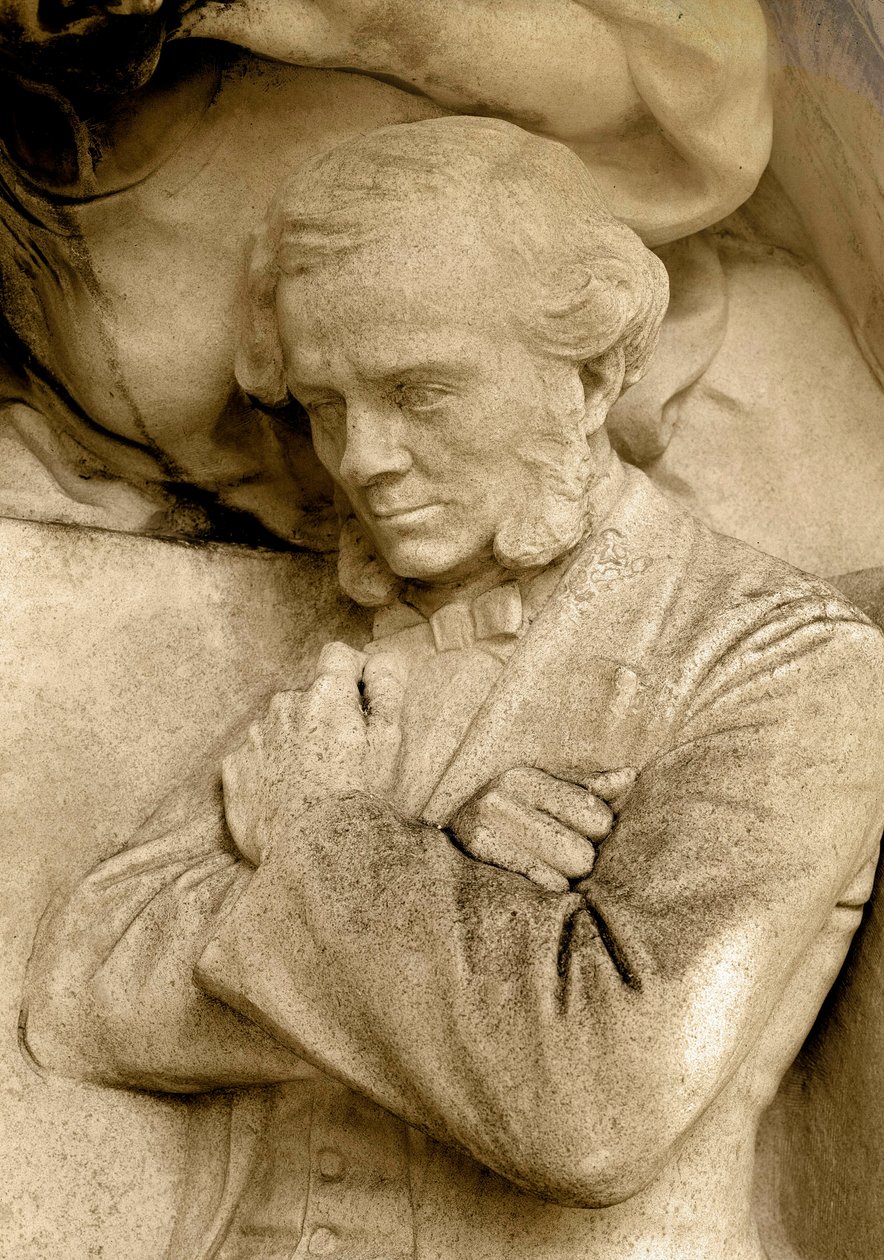Yksityiskohta veistoksesta, joka kuvaa säveltäjä Cesar Franckia (1822-1890), Square S. Rousseau, Pariisi tekijältä Alfred Charles Lenoir