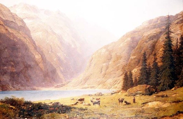 Vuoristoinen järvimaisema karjaa tekijältä Alfred Chavannes