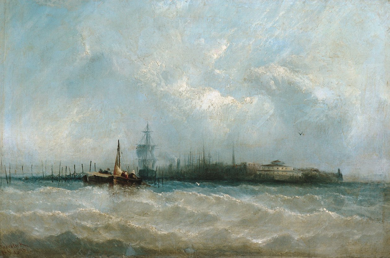 New York satamasta, jossa näkyy akku ja linnapuutarha, 1858. tekijältä Alfred Copestick