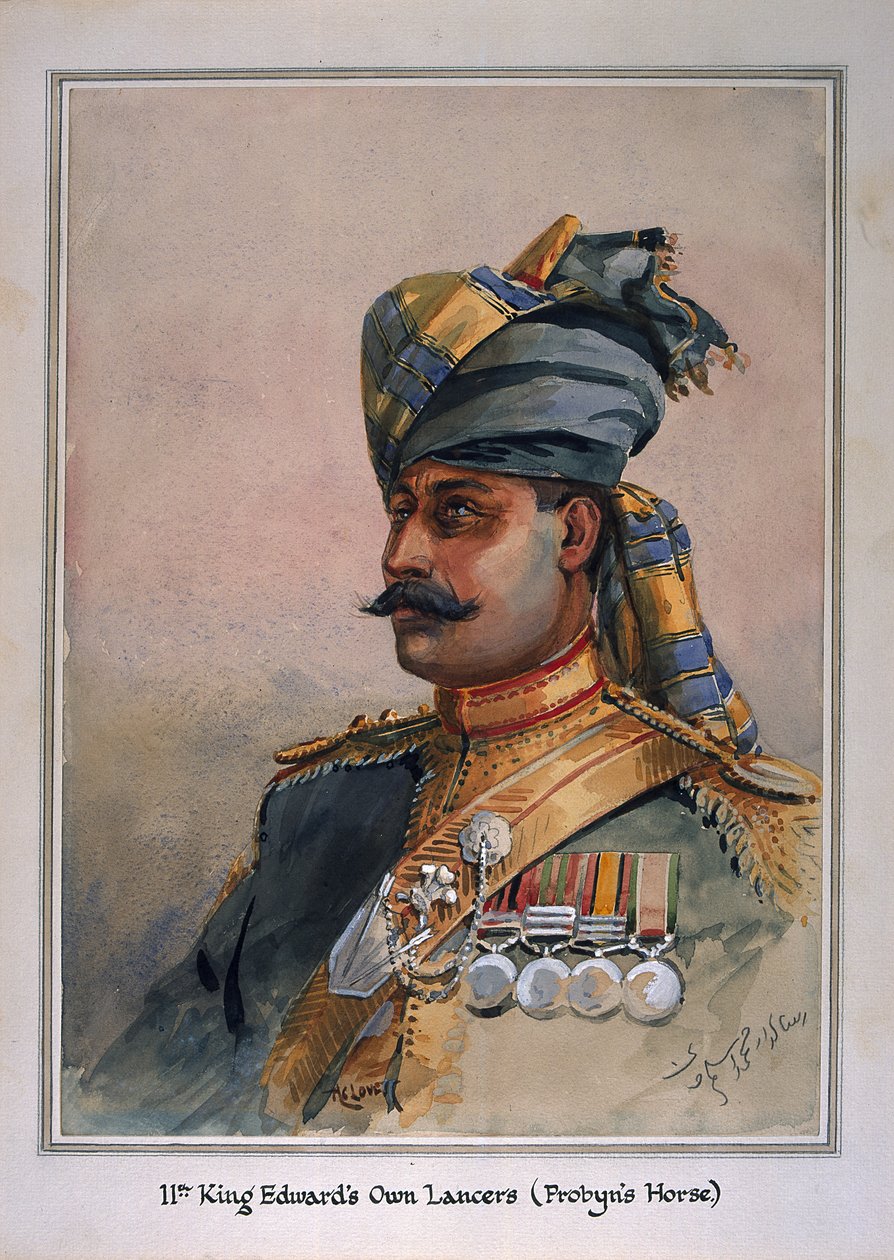 Pään ja hartioiden muotokuva Risaldarista Durranista, kuvitus teokselle "Armies of India", majuri G.F. Macmunn, julkaistu 1911, 1908 tekijältä Alfred Crowdy Lovett