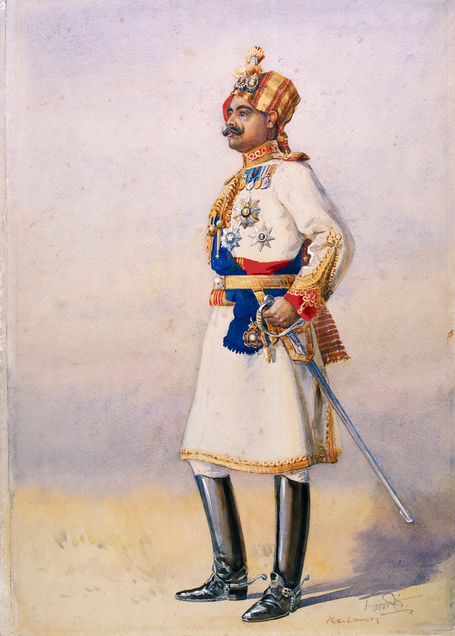 Eversti H.H. Maharaja Sir Ganja Singh, Bikanerin Bahadur, kuvitus majuri G.F. MacMunnin vuonna 1911 julkaisemaan teokseen "Armies of India". tekijältä Alfred Crowdy Lovett