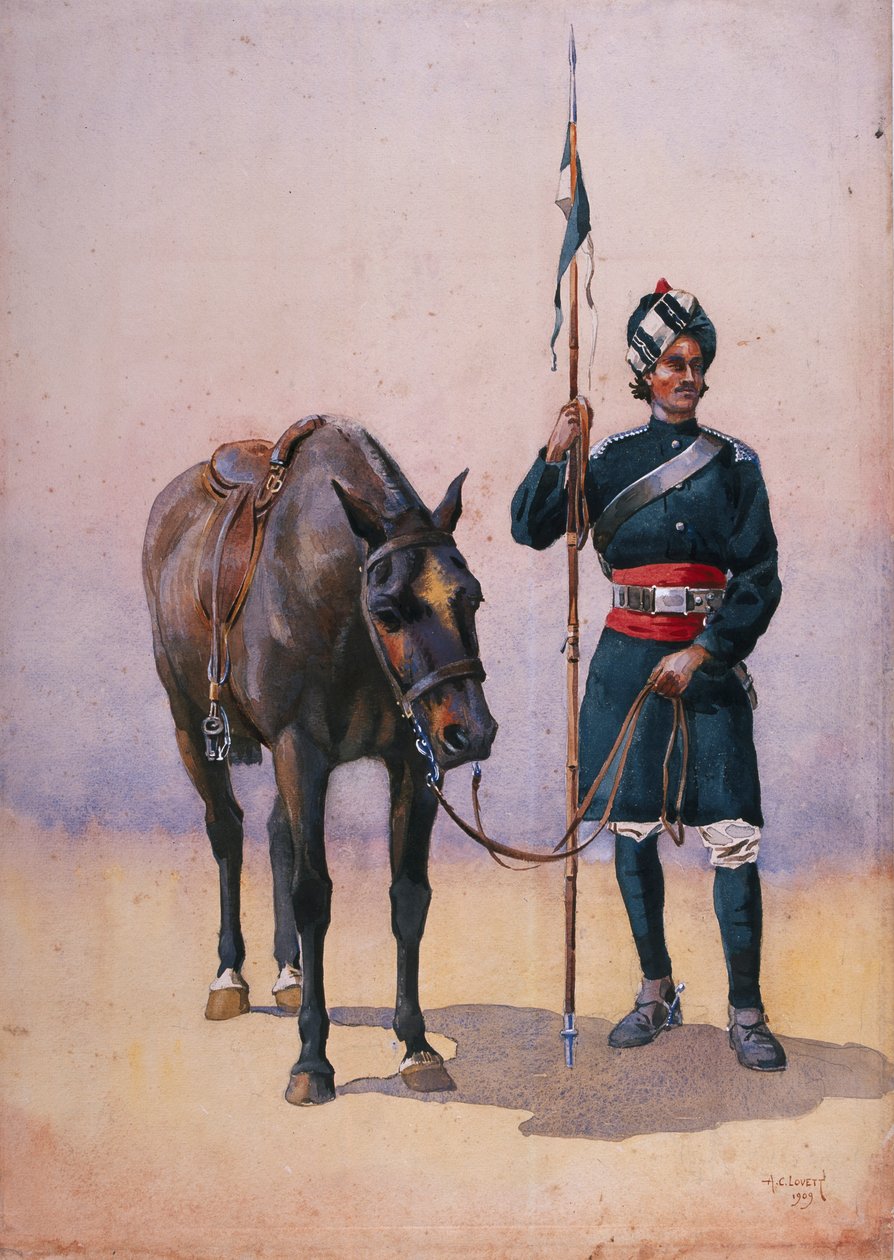 Soldier of the 19th Lancers (Fanen hevonen) Punjabi Musalman, kuvitus "Armies of India" -majuri G.F. MacMunn, julkaistu 1911, 1909 tekijältä Alfred Crowdy Lovett