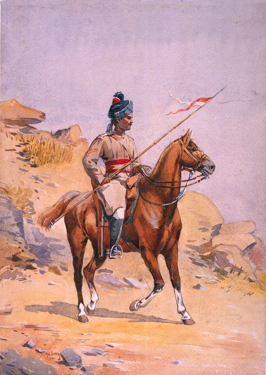Walesin 38. prinssin oman Keski-Intian Gorsen sotilas, Lance Dafadar Gakbar (Punjabi Musalman) kuvitus "Intian armeijat", majuri G.F. MacMunn, julkaistu vuonna 1911 tekijältä Alfred Crowdy Lovett