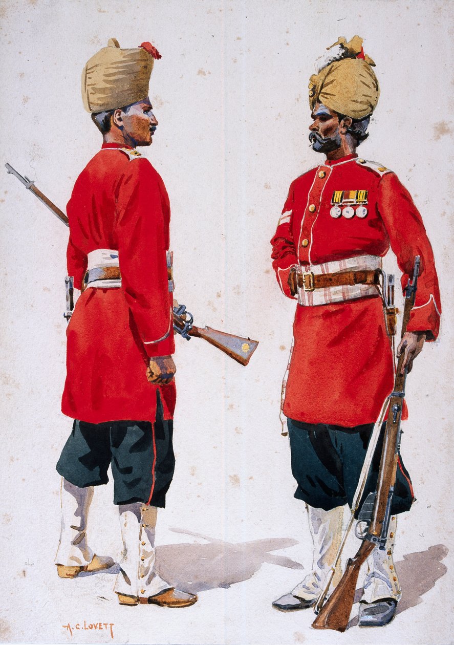 Sotilaat 102. kuningas Edwardin omasta kranaatista ja 101. kranaatista, kuvitus majuri G.F.:n julkaisusta "Armies of India" MacMunn, julkaistu 1911, 1908 tekijältä Alfred Crowdy Lovett