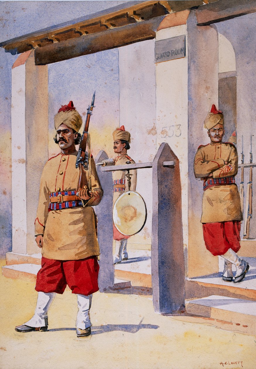 Connaughtin 124. herttuattaren oman Baluchistanin jalkaväen sotilaat, kuvitus "Armies of India" -majuri G.F. MacMunn, julkaistu 1911, 1908 tekijältä Alfred Crowdy Lovett