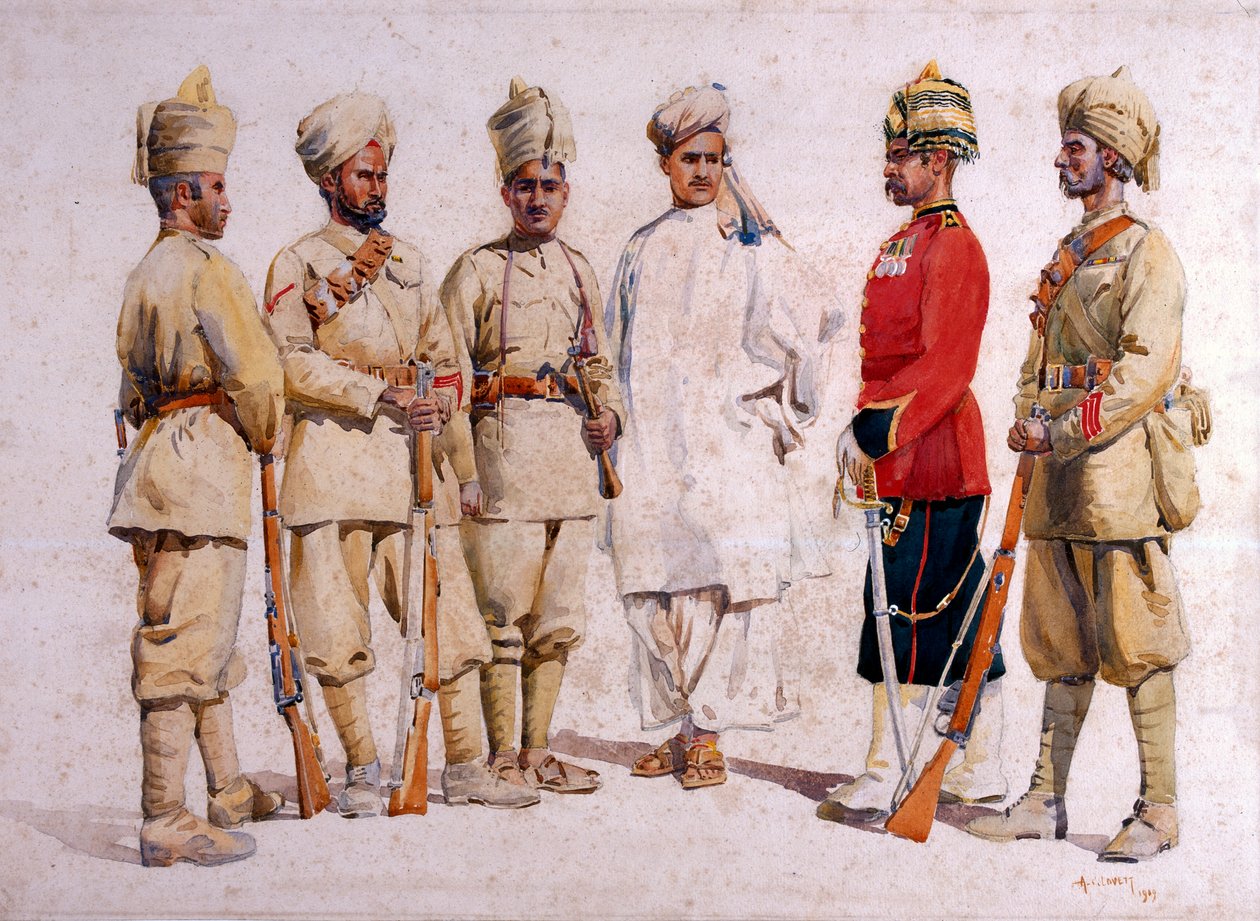 Soldiers of the 19th Punjabis Afridi of Tirah, kuvitus "Armies of India":lle majuri G.F. MacMunn, julkaistu 1911, 1909 tekijältä Alfred Crowdy Lovett