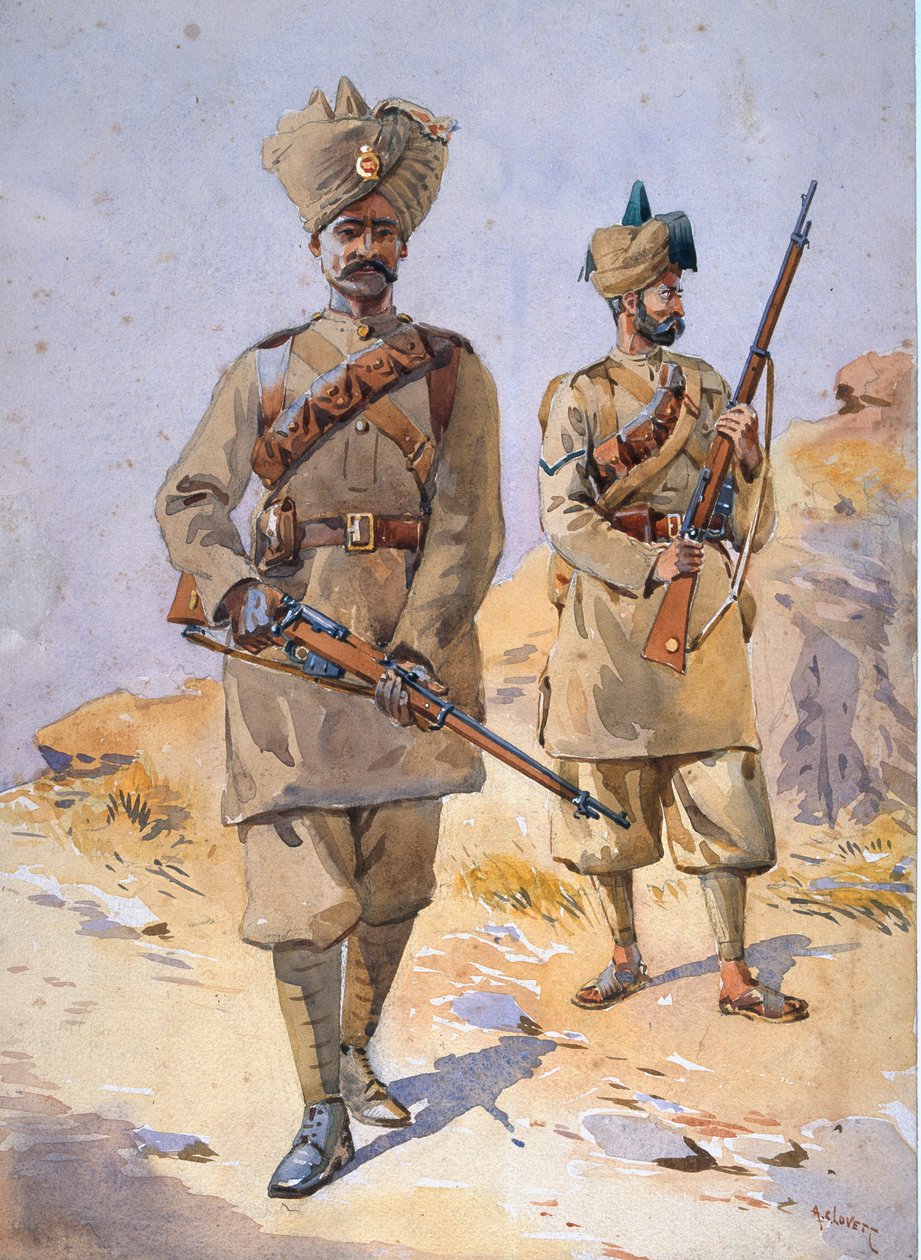 Sotilaat 30. Punjabis, Awan ja 20. Duke of Cambridgen oma jalkaväki, kuvitus "Armies of India" majuri G.F. MacMunn, julkaistu 1911, 1908 tekijältä Alfred Crowdy Lovett