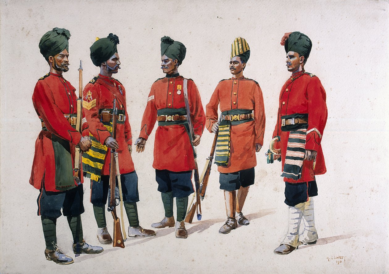 Entisen Hyderabadin joukkojalkaväen sotilaat, kuvitus majuri G.F.:lle "Armies of India" MacMunn, julkaistu 1911, 1910 tekijältä Alfred Crowdy Lovett