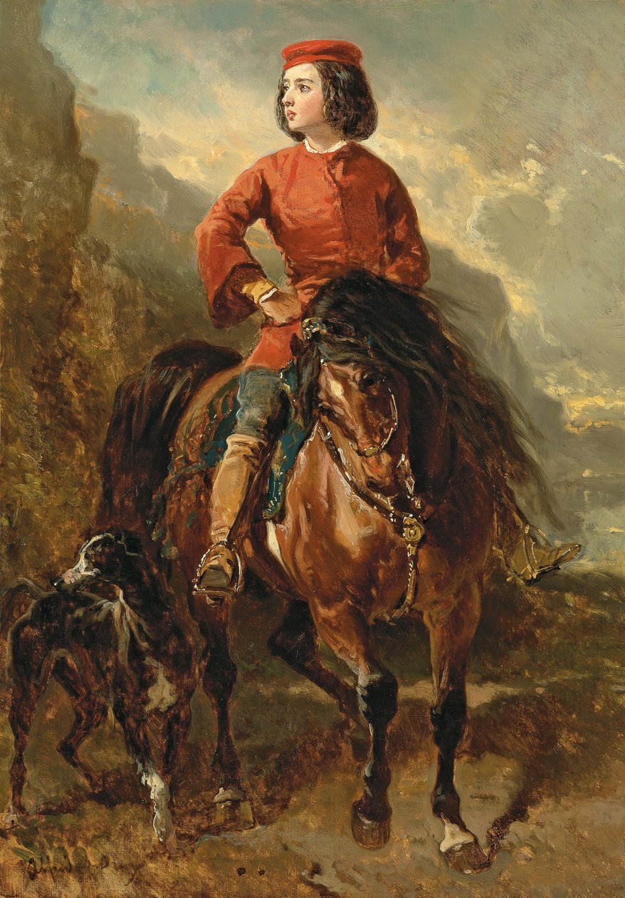 Nuori ratsastaja shetlannissa vinttikoiran kanssa; Jeune cavalier montant un shetland et levrier, 1800-luku tekijältä Alfred Dedreux