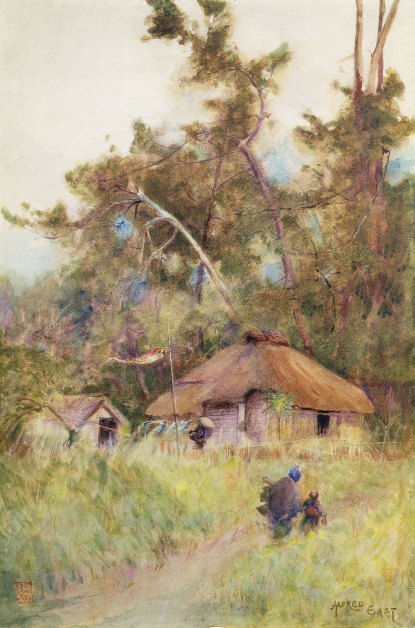 Myrskyinen päivä Japanissa, n. 1889 (akvarelli paperille) tekijältä Alfred East