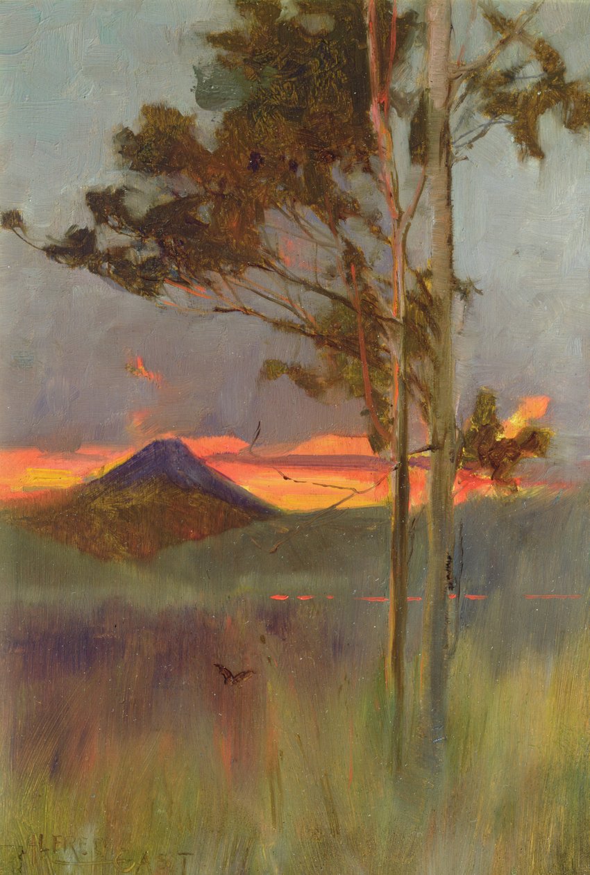 An Angry Night - Hakone Mountains, n. 1889 (öljy paneelissa) tekijältä Alfred East