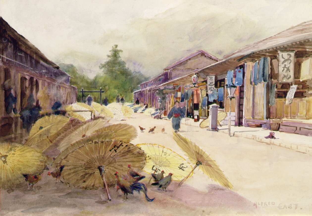 Sateenvarjojen kuivaus sademyrskyn jälkeen, n. 1889 (akvarelli paperille) tekijältä Alfred East