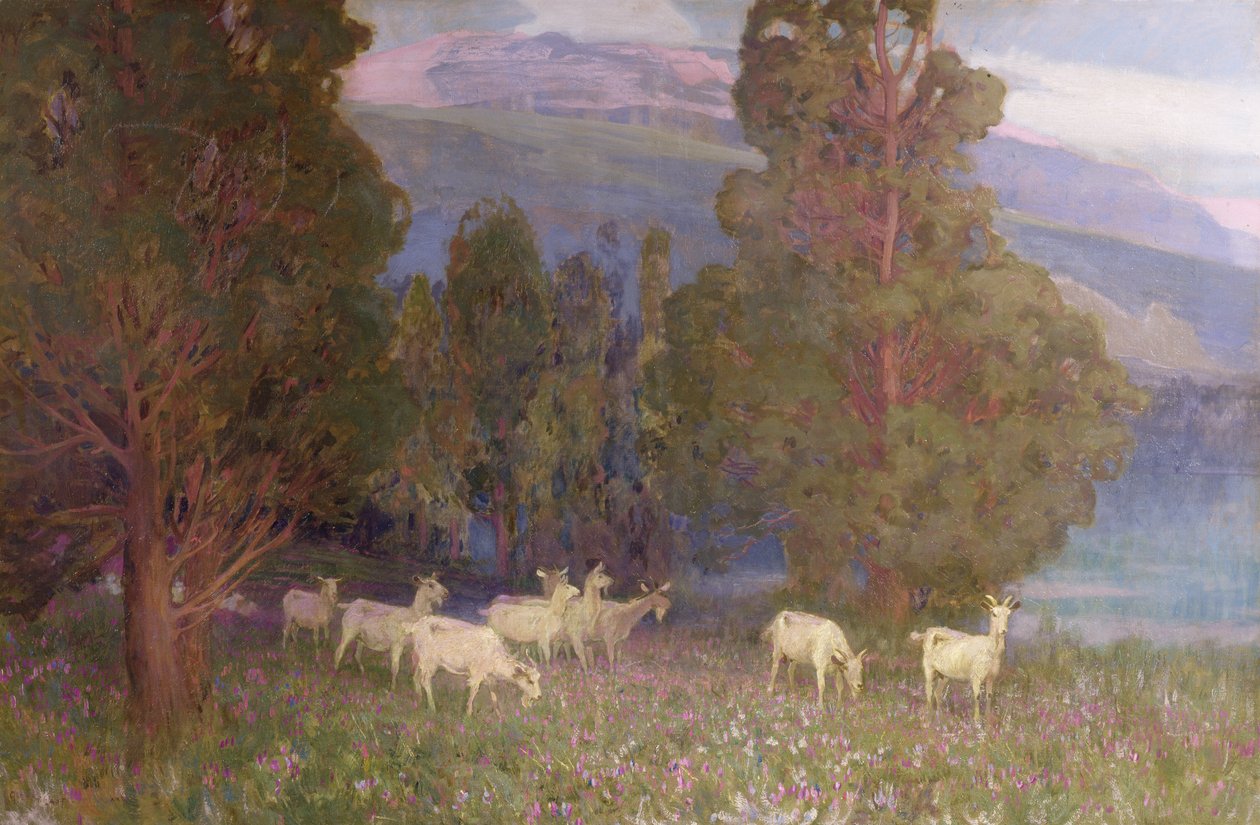 Varhainen aamunkoitto Monte Mottaronella, Maggiore-järvellä tekijältä Alfred East