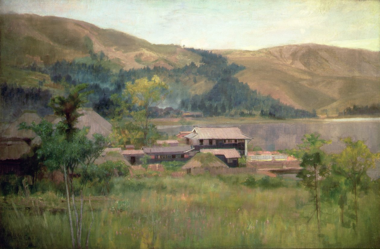 Biwa-järvi, n. 1889 (öljy kankaalle) tekijältä Alfred East
