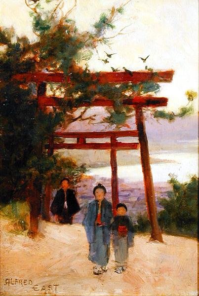 Shin-to Shrine in the Woods, n.1889 (öljy paneelille) tekijältä Alfred East