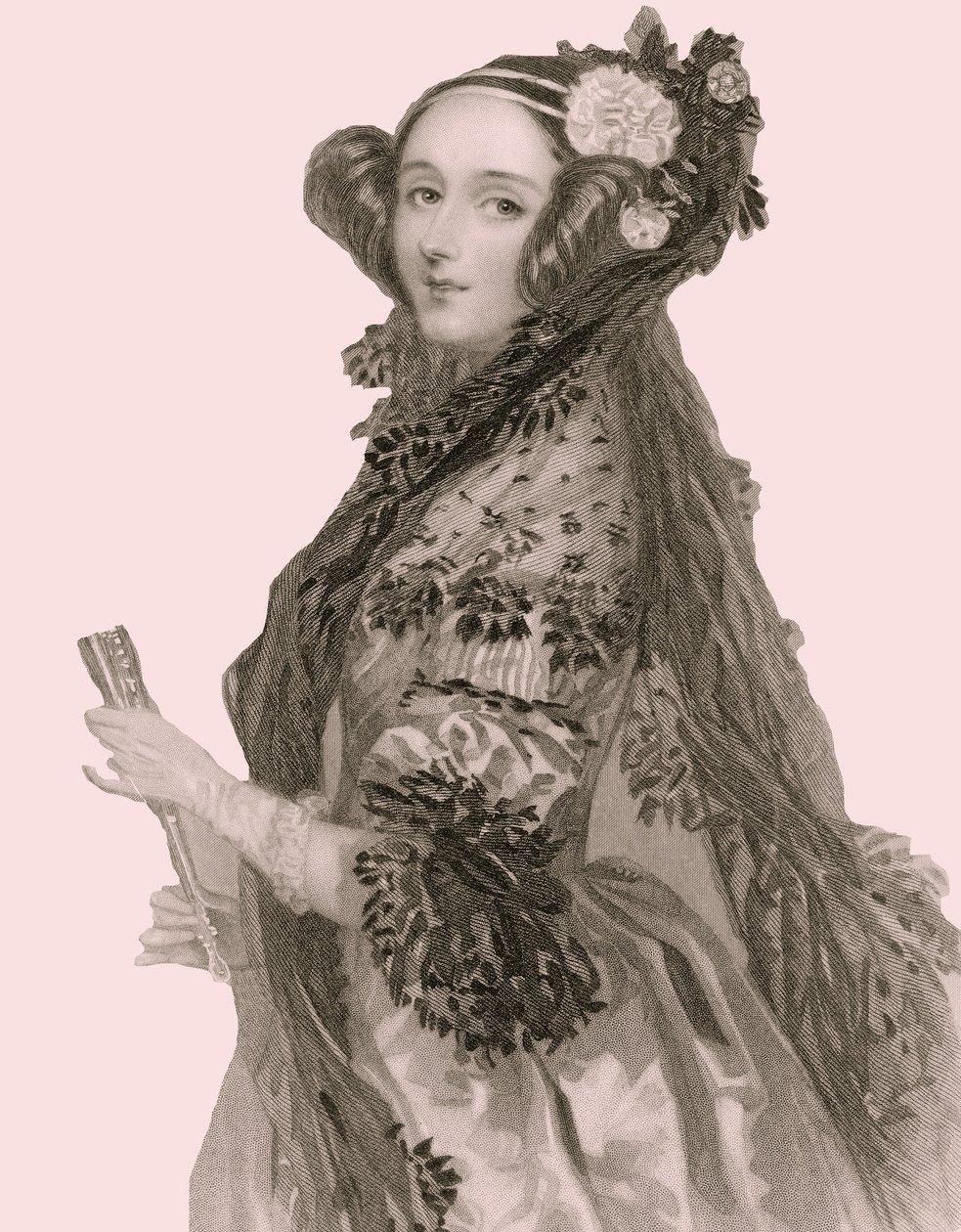 Lovelacen kreivitär Augusta Ada Kingin (1815 - 1852) muotokuva (kaiverrus). tekijältä Alfred Edward Chalon