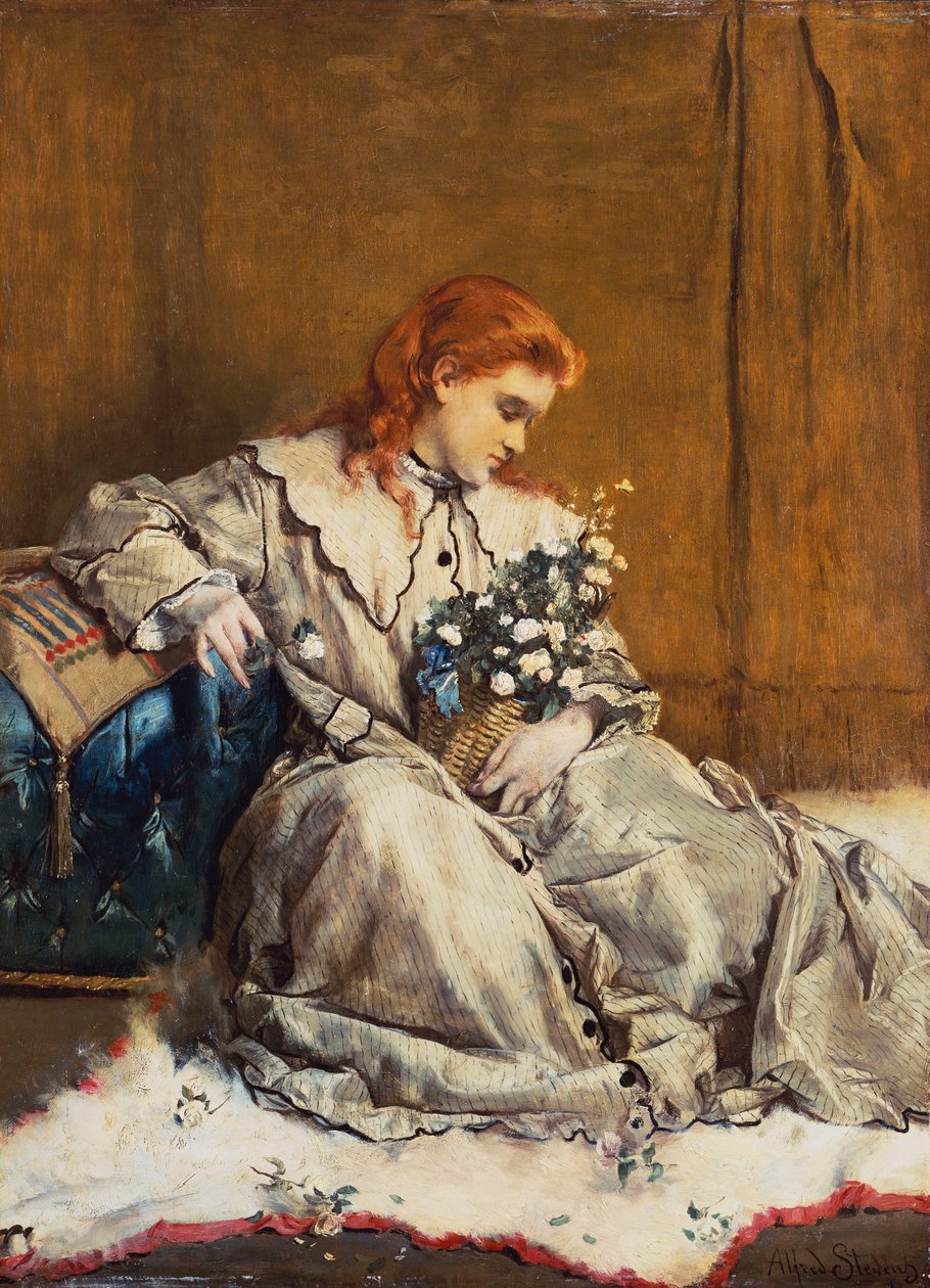 Daydream, nuori punapäinen tyttö sinisellä ottomaanilla tekijältä Alfred Emile Stevens