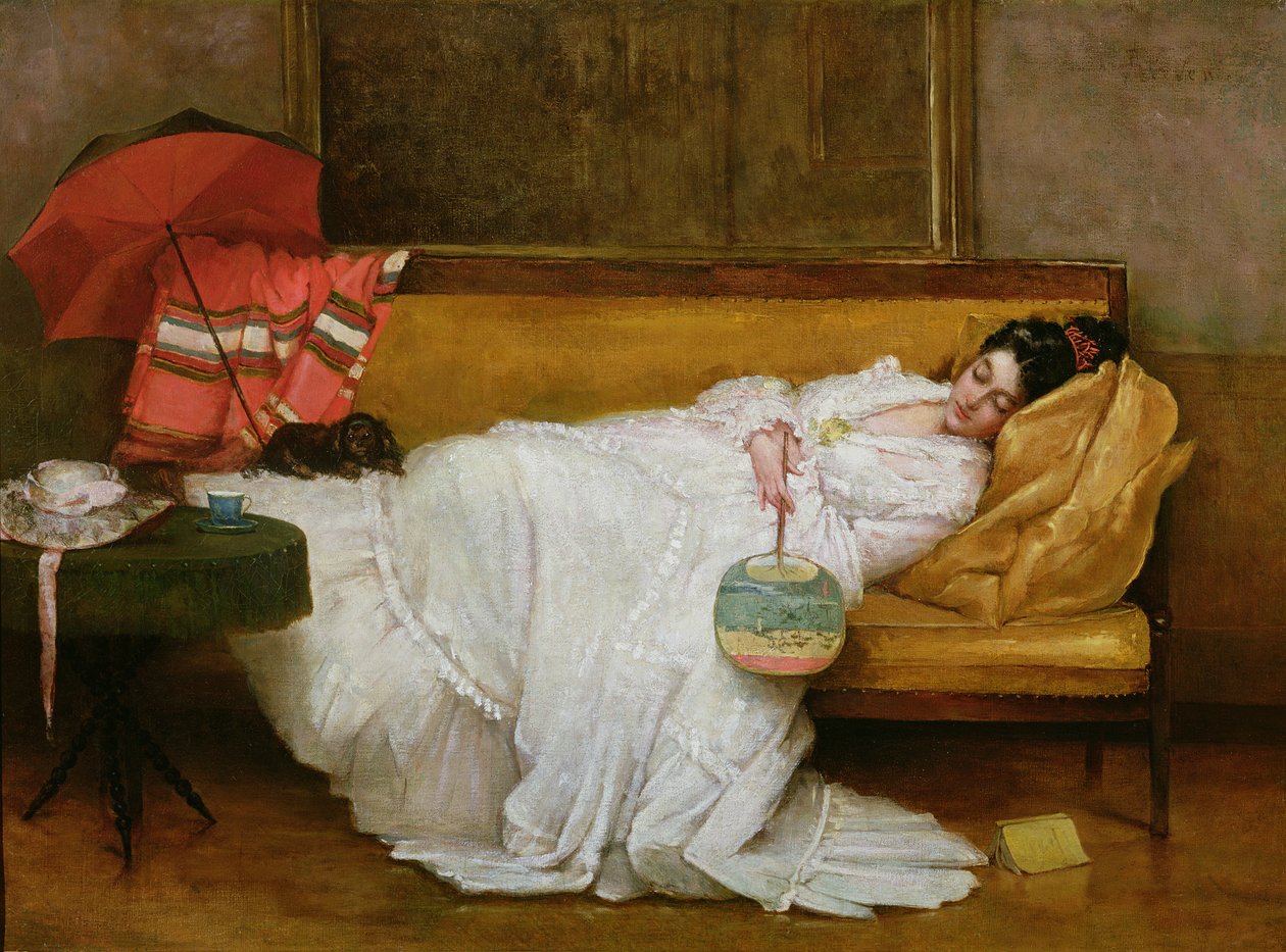 Tyttö valkoisessa mekossa lepäämässä sohvalla tekijältä Alfred Emile Stevens