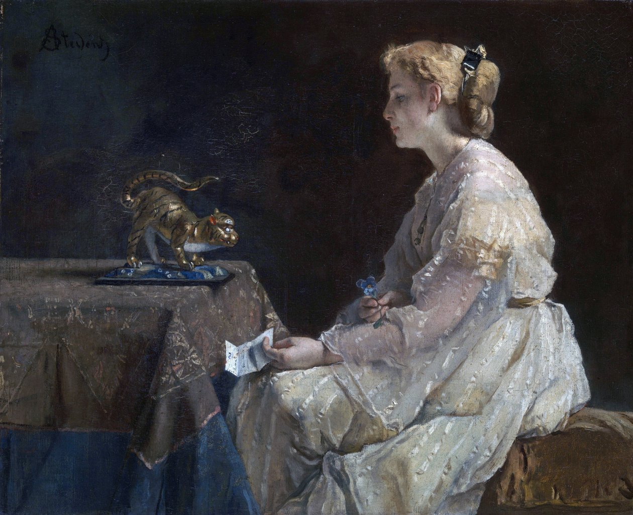 ""Tämänhetkinen"" Nuori nainen löytämässä kissapatsaan - Alfred Stevensin (1823-1906) maalaus noin 1870 Lontoon kansallisgalleria tekijältä Alfred Emile Stevens