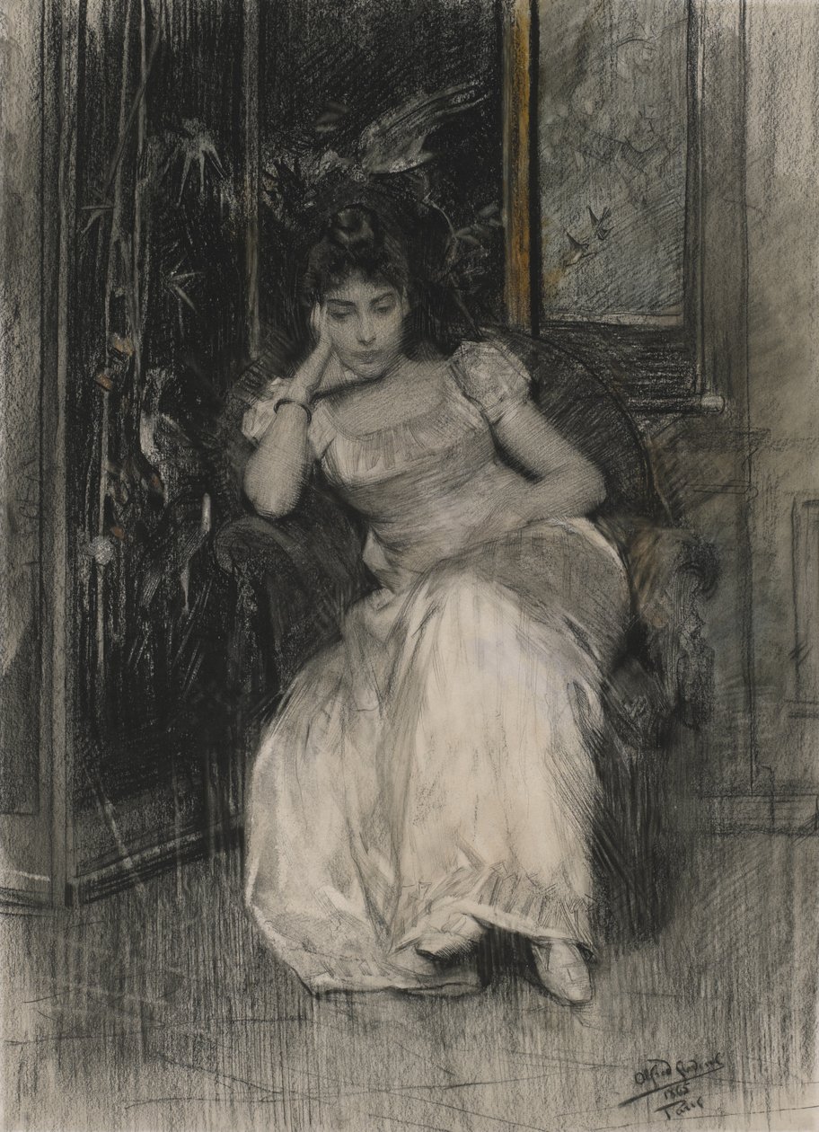 Mademoiselle de Clermont-Tonnerre, 1865 (musta liitu ja wc grafiitin päällä kudottupaperilla) tekijältä Alfred Emile Stevens