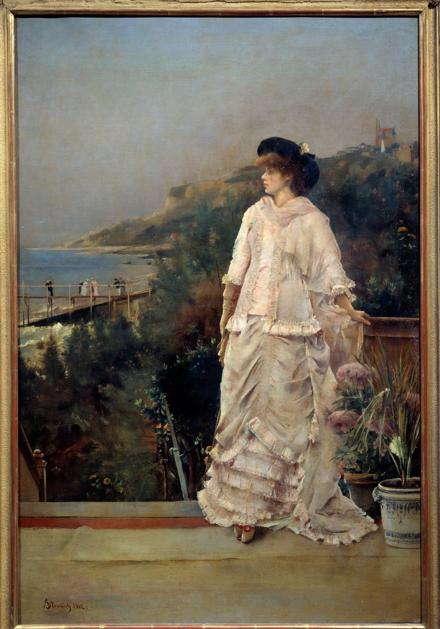 Muotokuva naisesta terassilla meren rannalla Alfred Stevensin (1823-1906) maalaus 1882 su. 1,1x0,66 m Pariisi, museo d