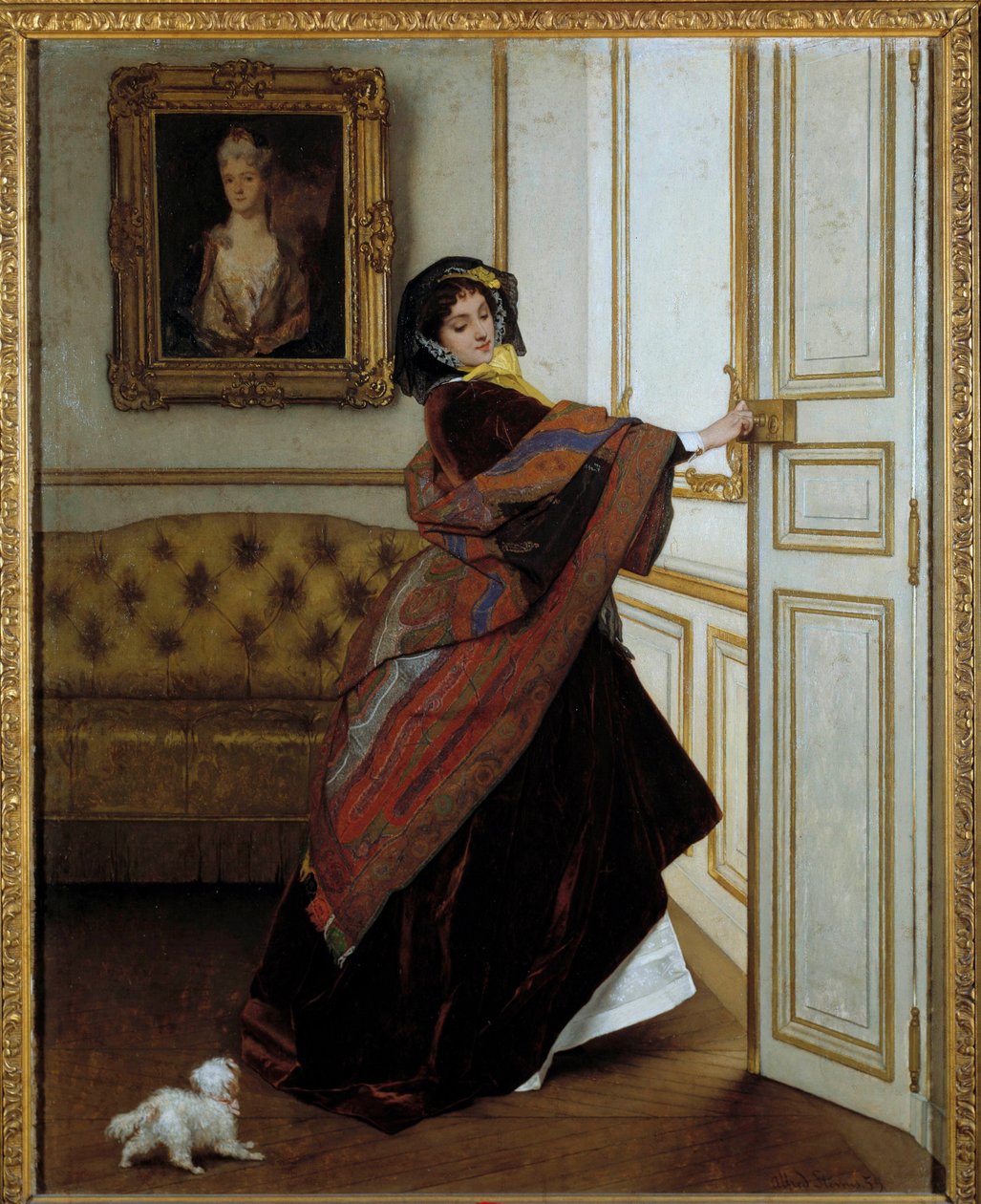 Alfred Stevensin (1823-1906) maalaus Nainen pienen koiran kanssa 1859. Öljy kankaalle. Mitat: 61,6 x 48,9 cm. Yksityinen kokoelma tekijältä Alfred Emile Stevens
