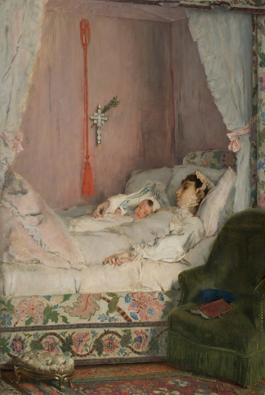 Une mère (Äiti), noin 1870 (öljy paneelille). tekijältä Alfred Emile Stevens