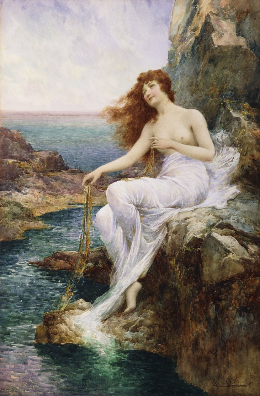 Kivellä istuva merinymfi merilevänauhan kanssa, 1897 tekijältä Alfred Glendening