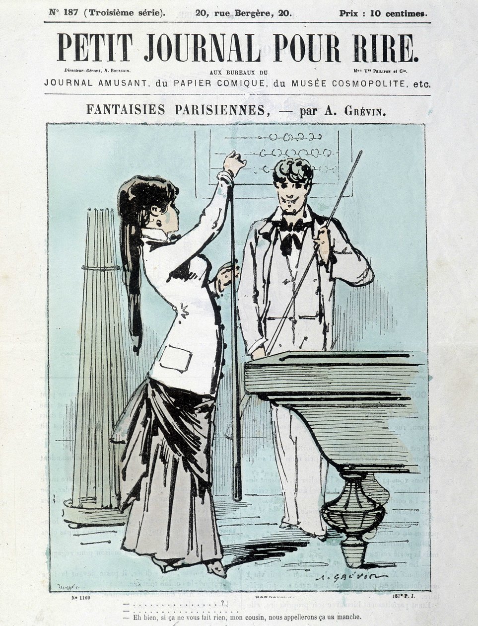 A. Grévinin pariisilaisia fantasioita: No, jos et välitä, serkkuni, kutsumme sitä hihaksi. Biljardipelaaja - joulukuun 1903 "Little Diary for Laughs" -kirjan kansi tekijältä Alfred Grevin