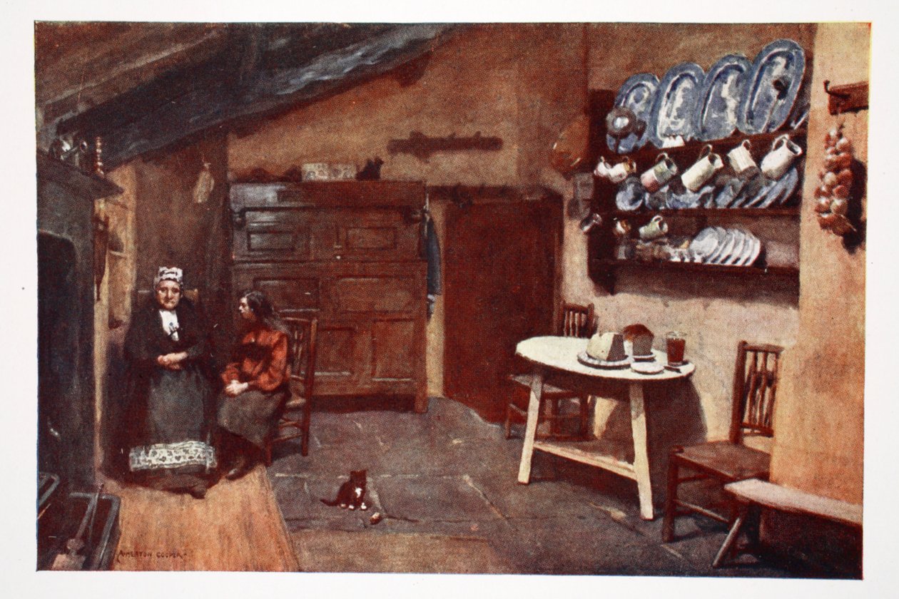 Vanha majatalokeittiö, Coniston, alkuperäisten vesivärien tulosteportfoliosta, n. 1920 tekijältä Alfred Heaton Cooper