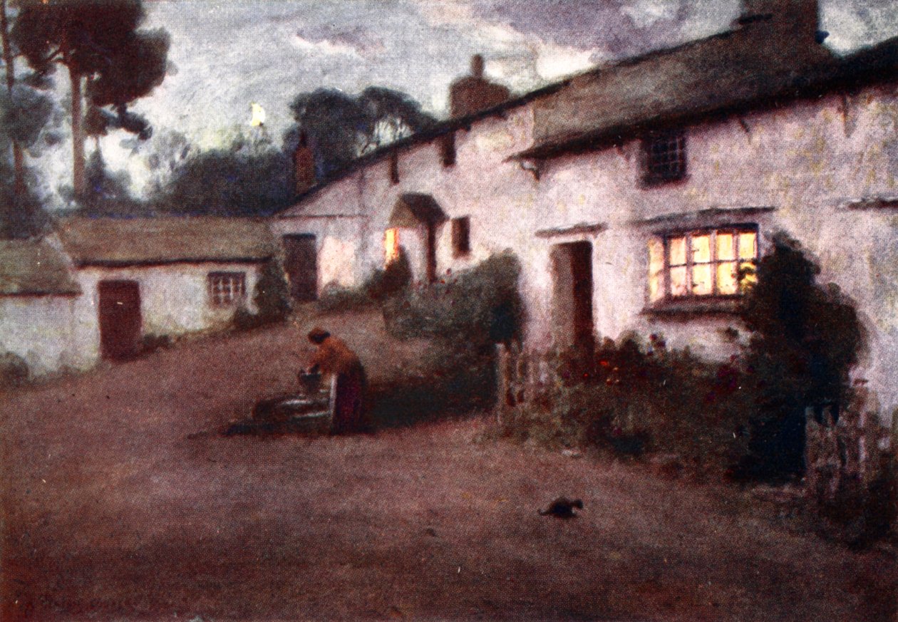 Moonlight and Lamplight - Consiton Village, alkuperäisten vesivärien tulostevalikoimasta, n. 1920 tekijältä Alfred Heaton Cooper