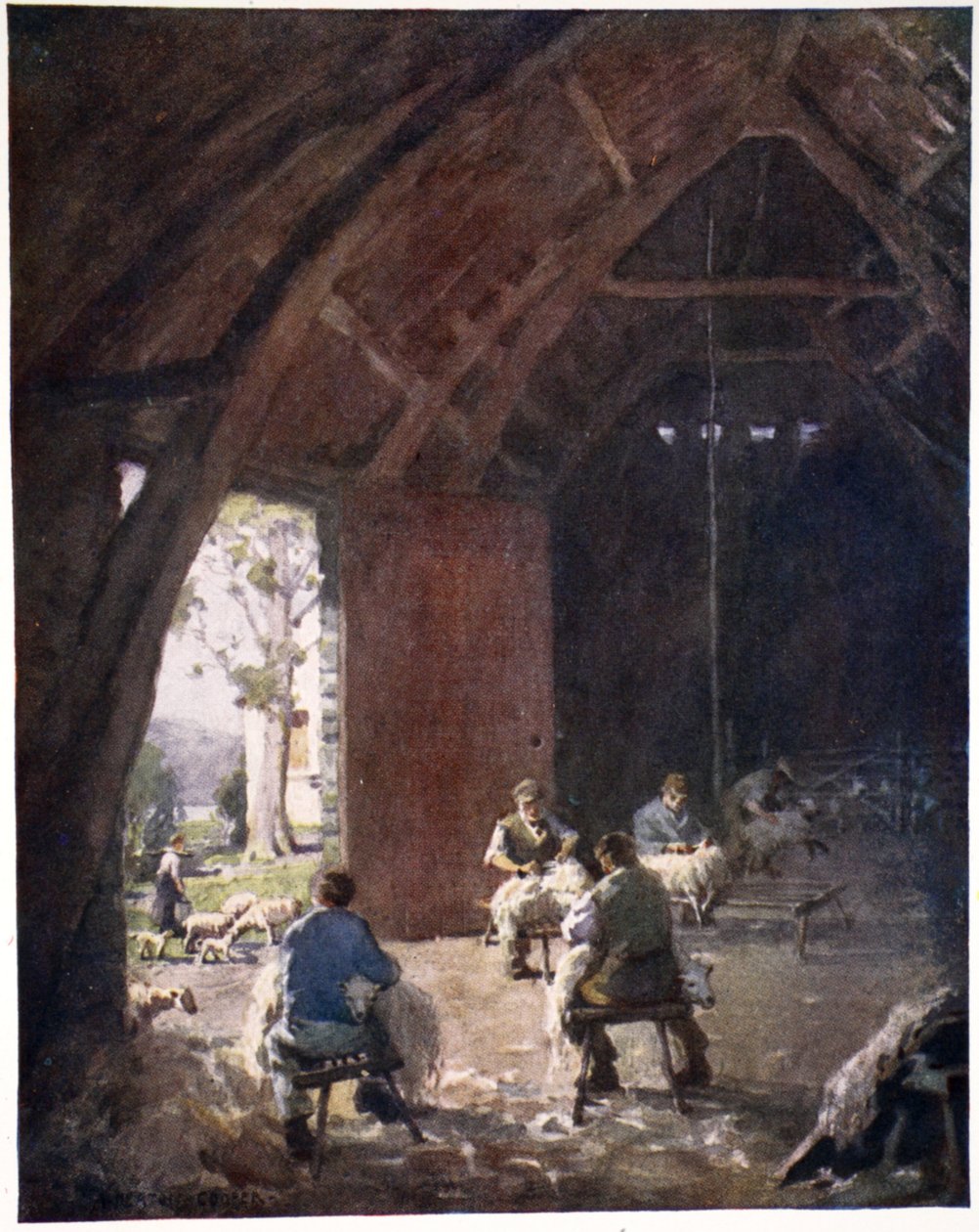 Sheepshearing, Esthwaite Hall Farm, alkuperäisten vesivärien tulostevalikoimasta, n. 1920 tekijältä Alfred Heaton Cooper