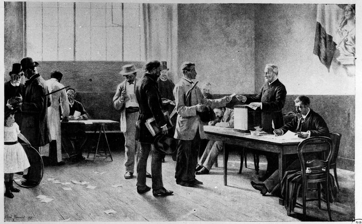 Vaalit, yleinen äänioikeus: A.M.:n äänestyspaikka Bramtot - Musee Carnavalet. tekijältä Alfred Henri Bramtot