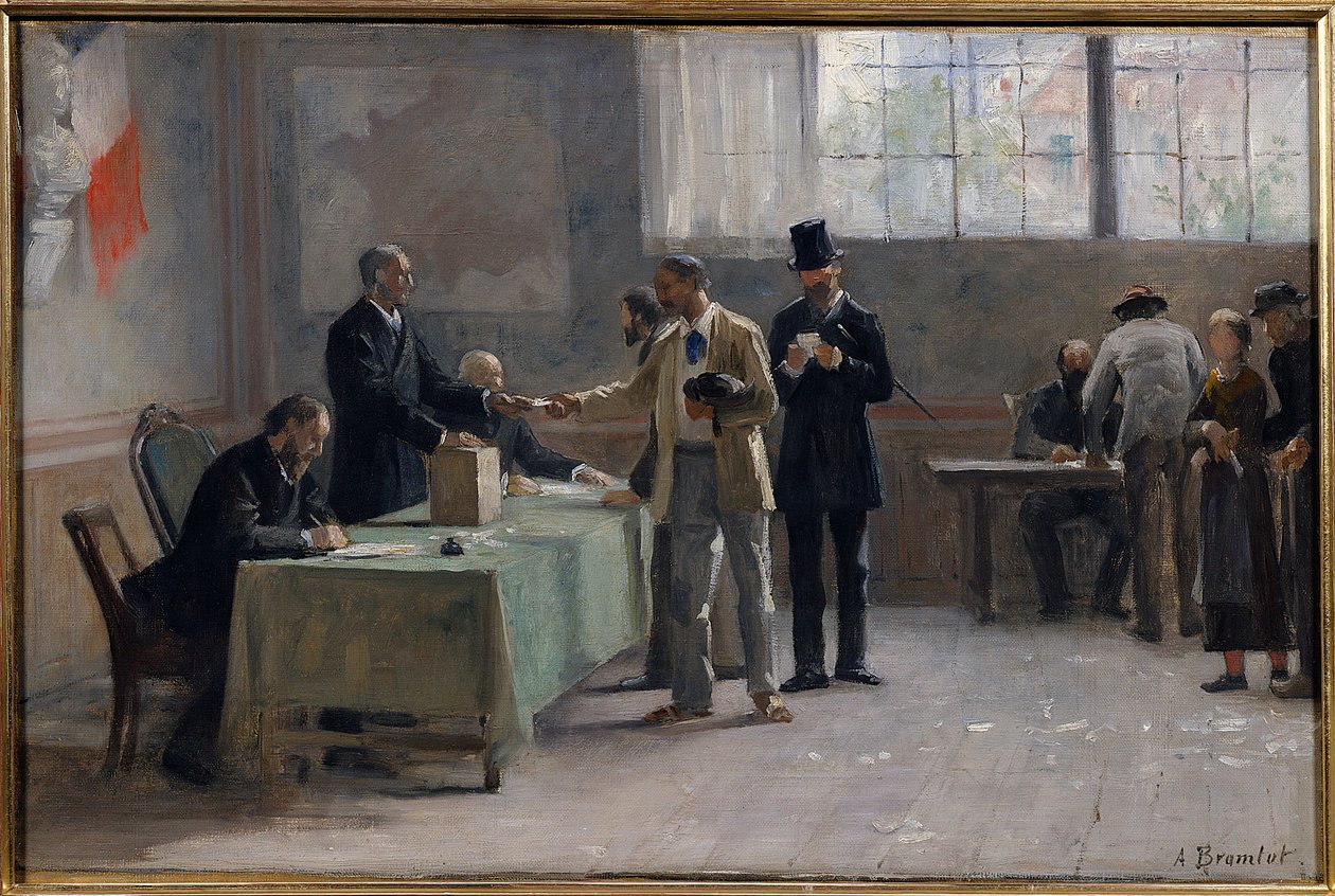 Yleinen äänioikeus: äänestyspaikka vuonna 1889. luonnos Alfred Bramtot (1852-1894) 1889 tekijältä Alfred Henri Bramtot