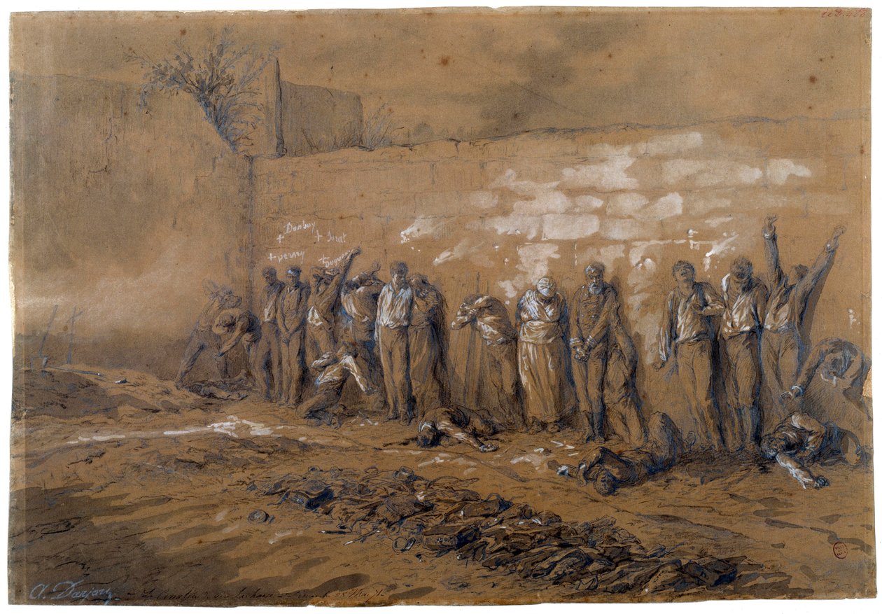 Commune de Paris: Kommuunin 147 taistelijan teloitus Federesin muurilla Pere Lachaisessa Pariisissa 28.5.1871. Mustepiirustus Alfred Henri Darjou (1832-1874) Paris, Musee Carnavalet tekijältä Alfred Henri Darjou